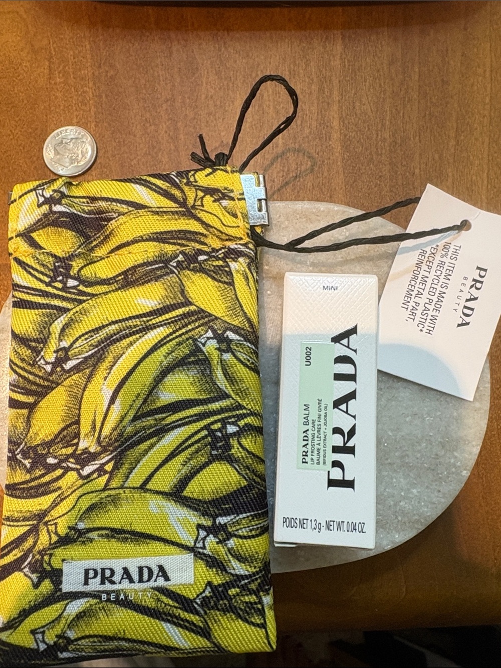 Prada Yellow Banana Print Satin Pouch with Lip Balm